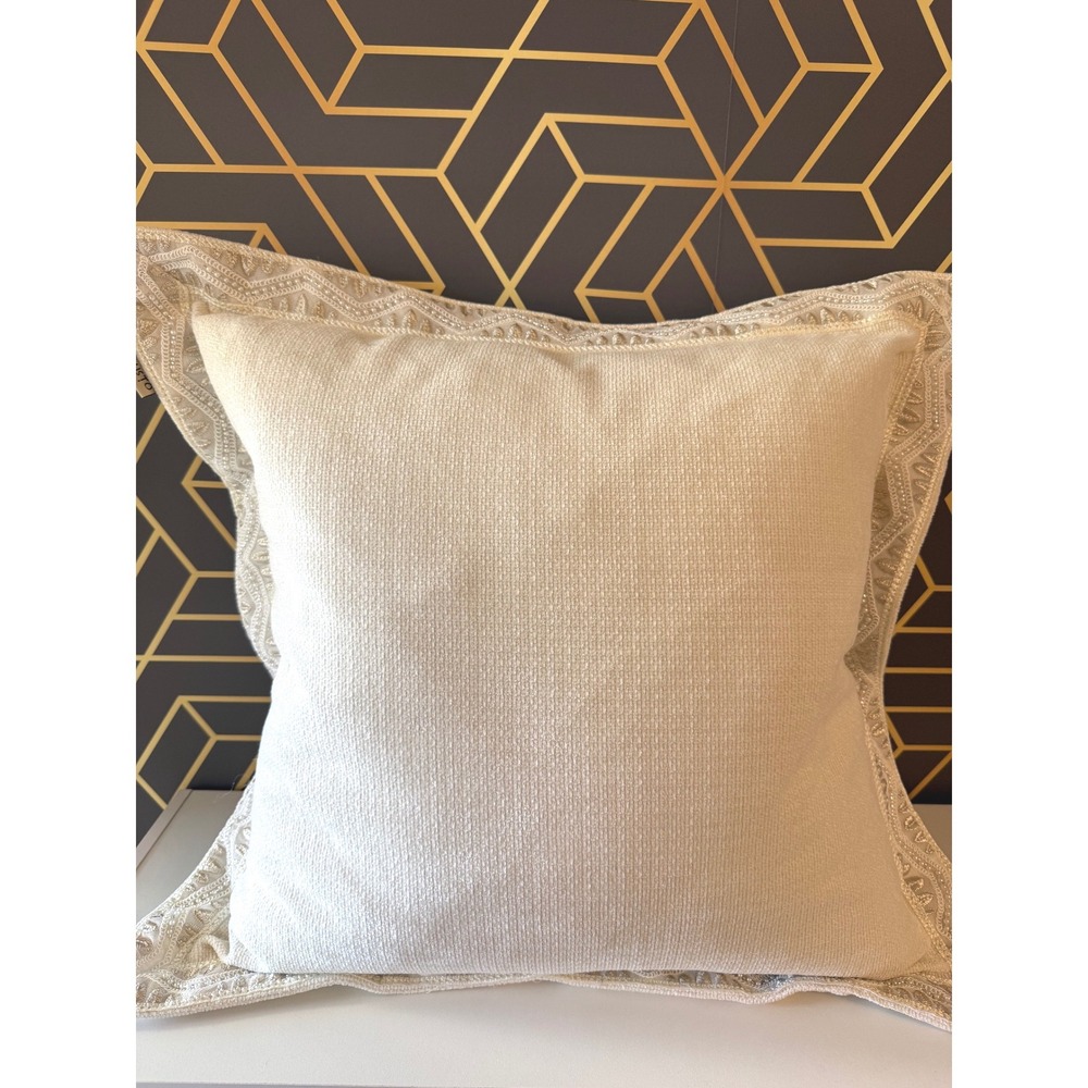 Callisto Home large 24" Cream Ivory Woven Throw Pillow Embroidered Pearl Trim
